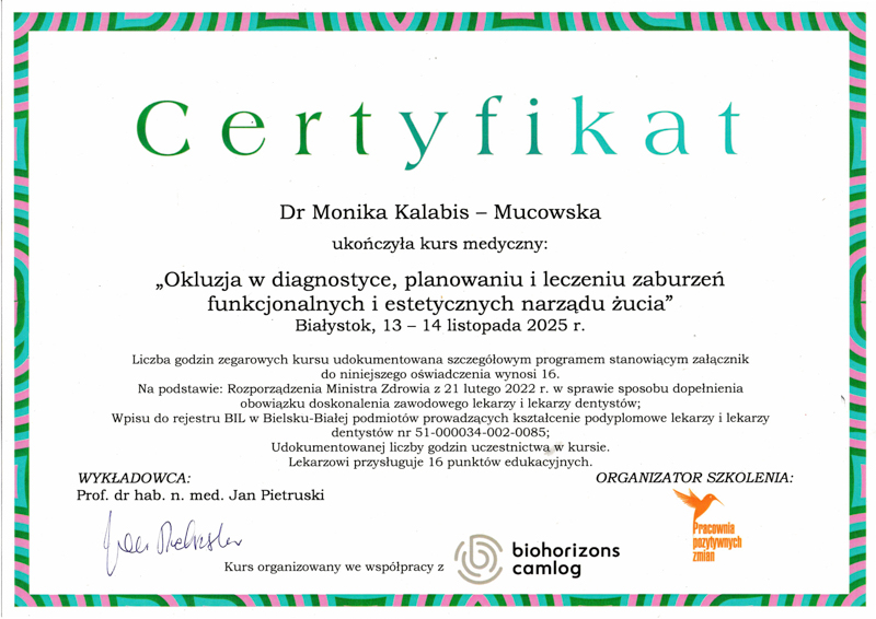 Certyfikat dr Moniki Kalabis-Mucowskiej - okluzja